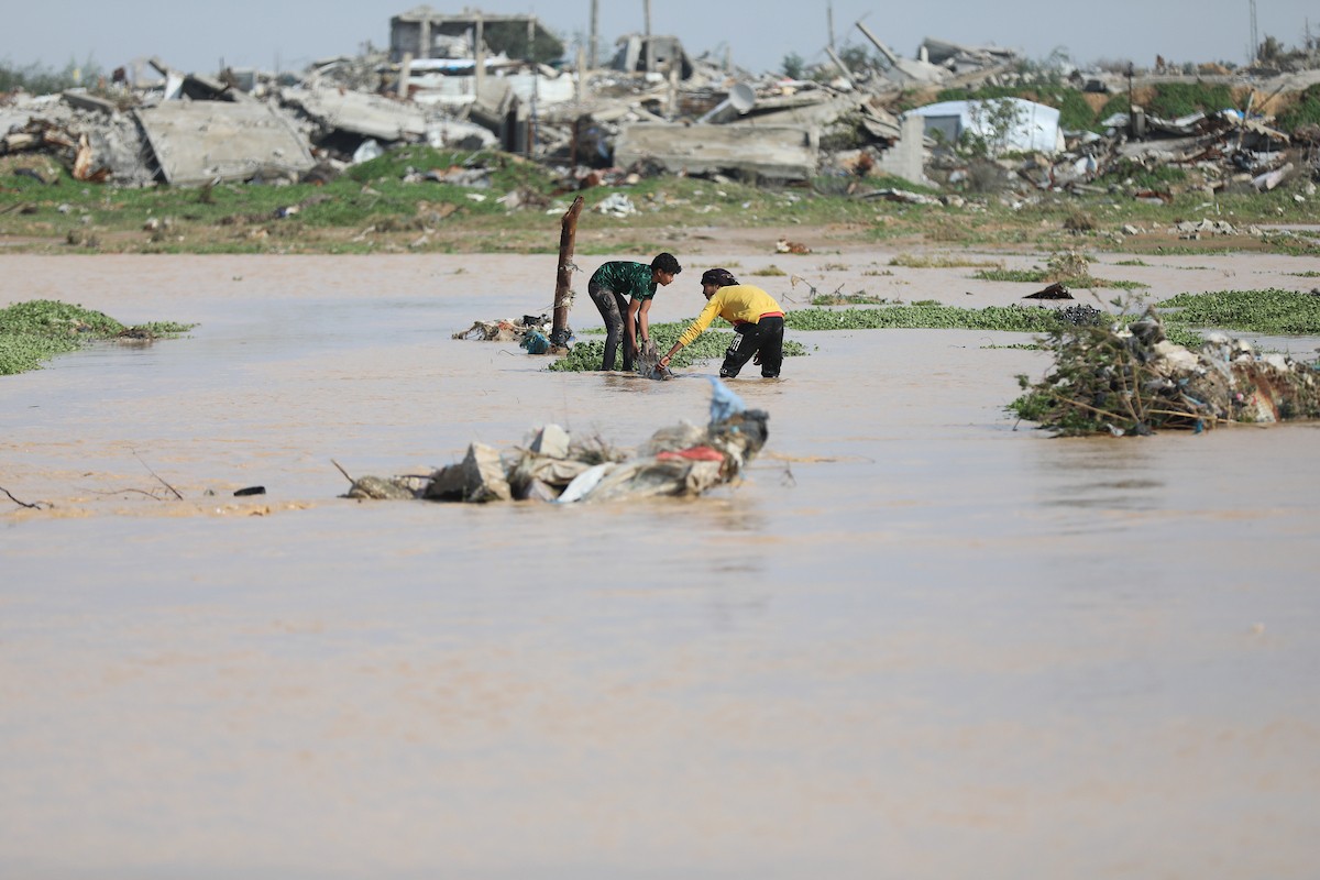 فتح الجيش الإسرائيلي مجرى وادي غزة، مما أدى إلى ارتفاع منسوب المياه إلى مستوى الجسر. وقد فاقم هذا الوضع معاناة العائلات النازحة التي كانت تقيم في خيام بالمنطقة بعد أن فاض الوادي وجرف خيامها، 29 ديسمبر/كانون الأول 2025. صورة: رمزي أبو عامر