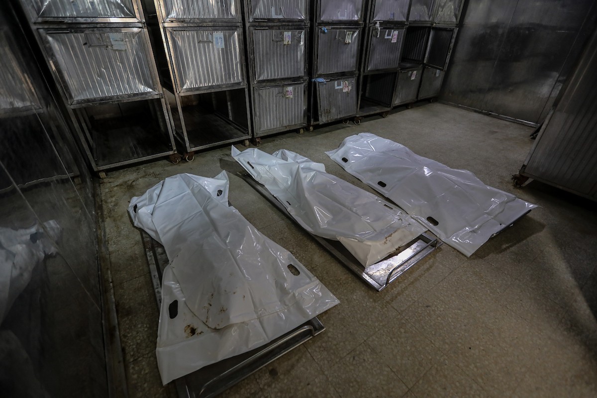 فلسطينيون ينعون ويحملون جثامين عدد من القتلى في غارة إسرائيلية على بيت لاهيا، بينهم أحد عناصر الدفاع المدني، خلال جنازة في مستشفى الشفاء بمدينة غزة