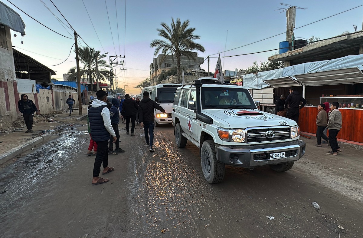 نُقل اثنا عشر أسيرًا فلسطينيًا، بينهم امرأة، أفرجت عنهم القوات الإسرائيلية، إلى مستشفى شهداء الأقصى في دير البلح، وسط قطاع غزة، في 11 يناير/كانون الثاني 2026، في مركبات تابعة للجنة الدولية للصليب الأحمر. (صورة: أحمد إبراهيم)