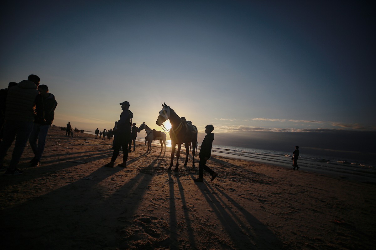 يقضي الفلسطينيون أوقاتهم على شاطئ البحر عند غروب الشمس في مدينة غزة، 16 يناير/كانون الثاني 2026. تصوير: عمر أشتوي