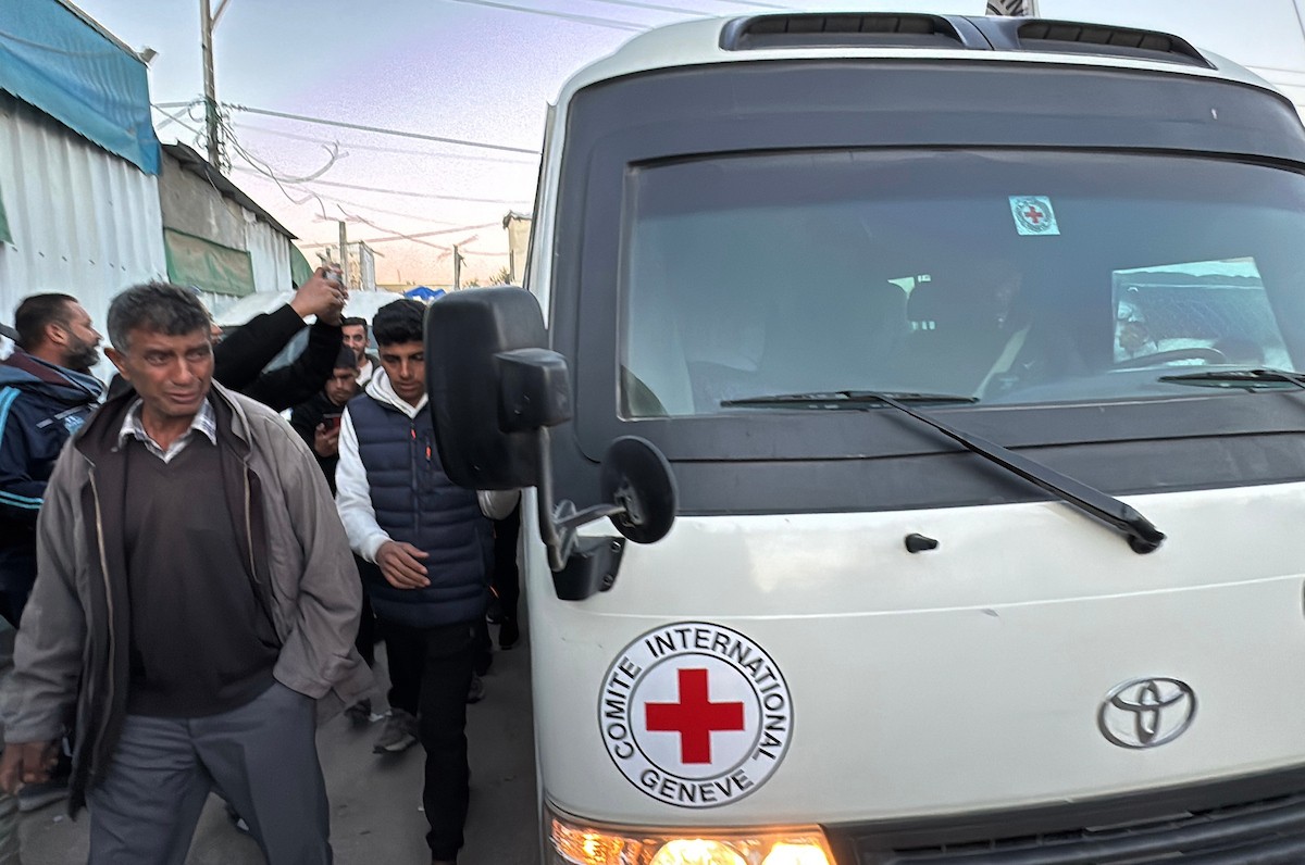 نُقل اثنا عشر أسيرًا فلسطينيًا، بينهم امرأة، أفرجت عنهم القوات الإسرائيلية، إلى مستشفى شهداء الأقصى في دير البلح، وسط قطاع غزة، في 11 يناير/كانون الثاني 2026، في مركبات تابعة للجنة الدولية للصليب الأحمر. (صورة: أحمد إبراهيم)