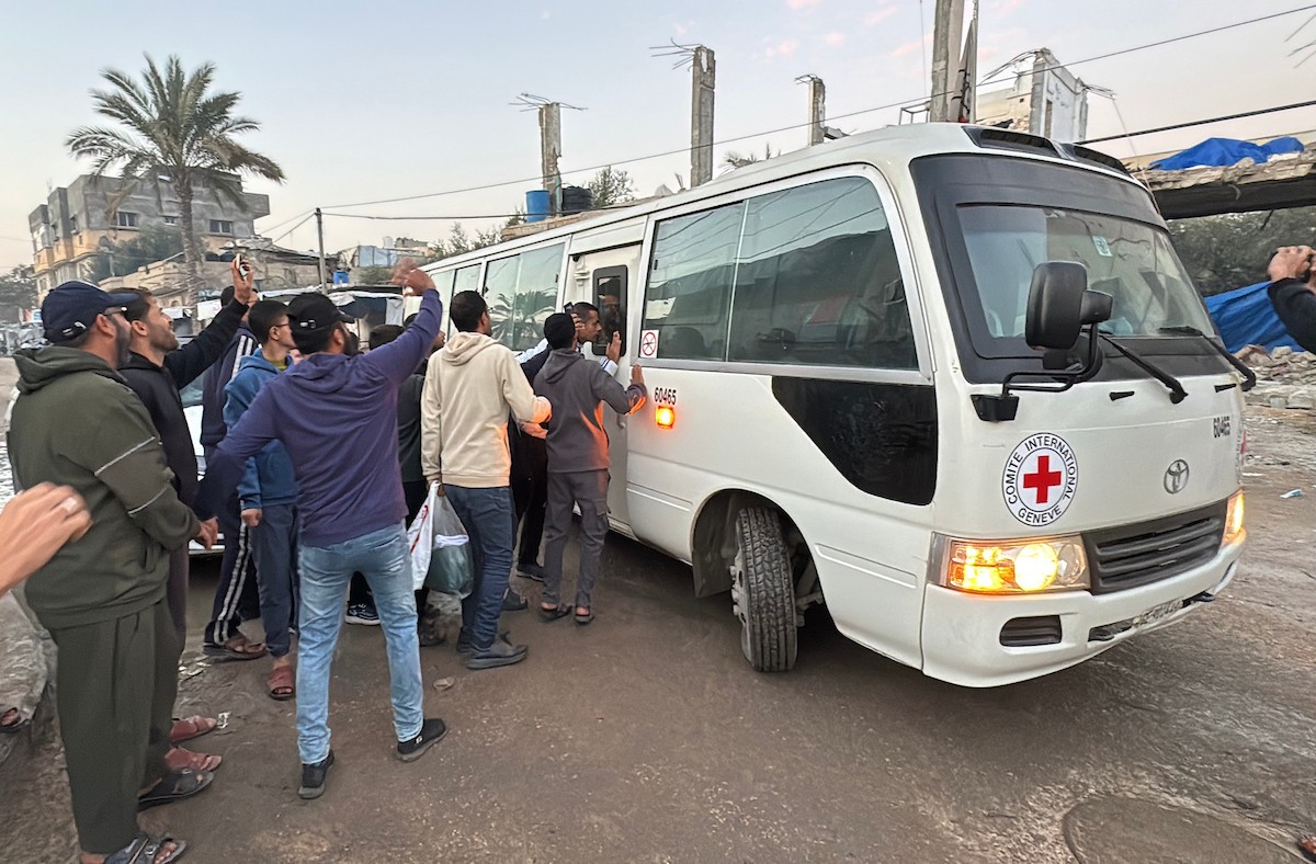 7 يناير/كانون الثاني 2026، نُقل أسرى فلسطينيون أفرج عنهم الجيش الإسرائيلي بواسطة مركبات تابعة للصليب الأحمر إلى مستشفى شهداء الأقصى لإجراء فحوصات طبية في دير البلح، وسط قطاع غزة. (صورة: أحمد إبراهيم)