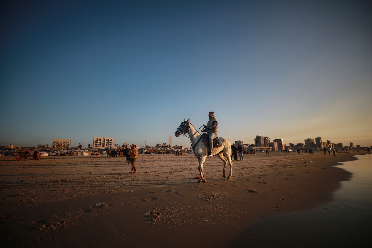 يقضي الفلسطينيون أوقاتهم على شاطئ البحر عند غروب الشمس في مدينة غزة، 16 يناير/كانون الثاني 2026. تصوير: عمر أشتوي