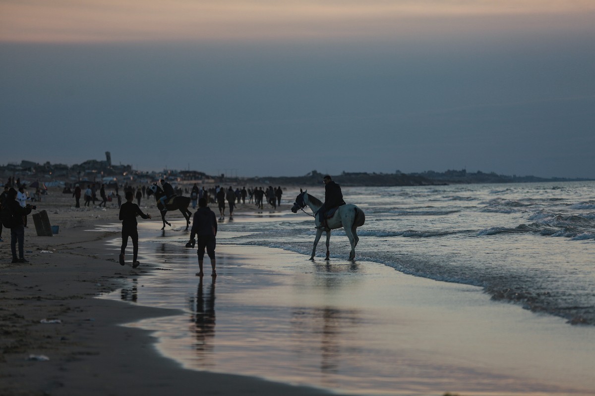 يقضي الفلسطينيون أوقاتهم على شاطئ البحر عند غروب الشمس في مدينة غزة، 16 يناير/كانون الثاني 2026. تصوير: عمر أشتوي