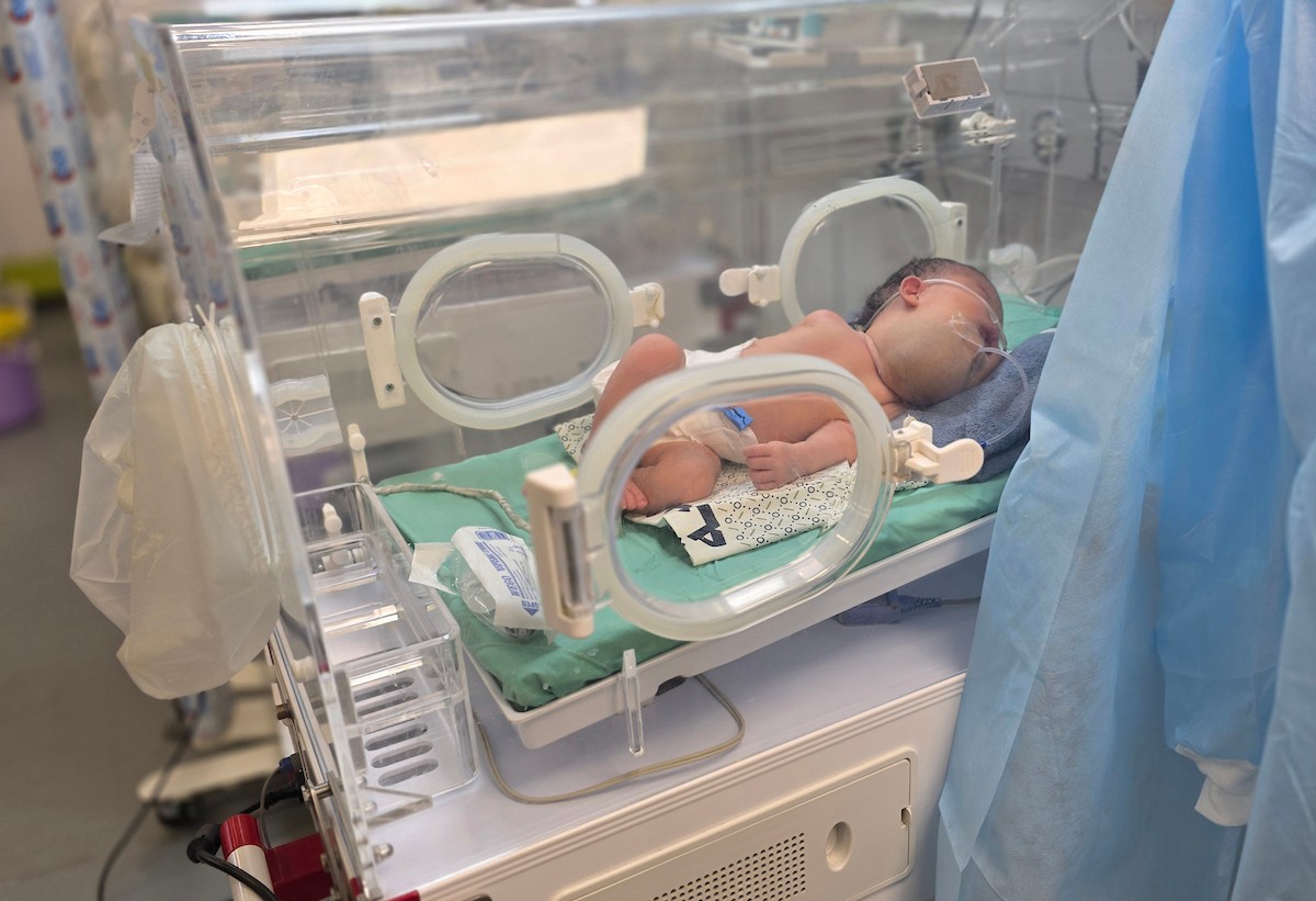 تتلقى الطفلة الفلسطينية دعاء قشطة، التي لم تتجاوز أيامًا معدودة من عمرها، العلاج في مستشفى ناصر بخان يونس، قطاع غزة، بسبب تورم حاد في حلقها يؤثر بشكل مباشر على تنفسها وتغذيتها، 18 يناير/كانون الثاني 2026. صورة: طارق محمد