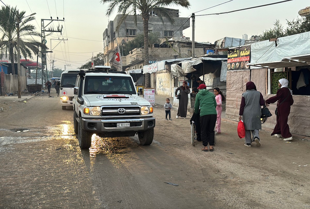 7 يناير/كانون الثاني 2026، نُقل أسرى فلسطينيون أفرج عنهم الجيش الإسرائيلي بواسطة مركبات تابعة للصليب الأحمر إلى مستشفى شهداء الأقصى لإجراء فحوصات طبية في دير البلح، وسط قطاع غزة. (صورة: أحمد إبراهيم)