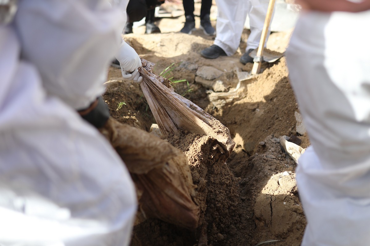 استخراج رفات 50 شهيدا دفنت خلال حرب الإبادة على قطاع غزة، من مقبرة مؤقتة في ساحات مسجد صلاح الدين بحي الزيتون، لنقلها إلى مقبرة دائمة في مدينة غزة، 25 يناير/كانون الثاني 2026. صورة: عمر أشتوي