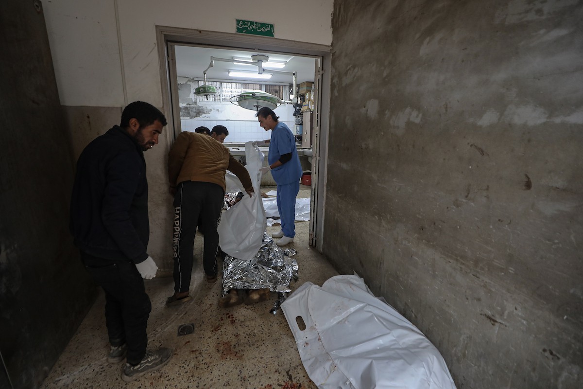 وصلت جثامين أربعة مواطنين إلى مستشفى الشفاء. قُتلوا في هجوم إسرائيلي استهدف مجموعة من المدنيين جنوب حي الزيتون في مدينة غزة. 22 يناير/كانون الثاني 2026 . صورة: عمر أشتوي