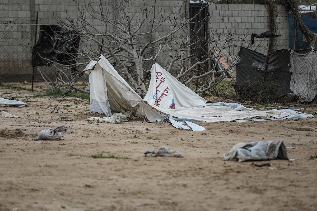 يتفقد فلسطينيون نازحون خيامهم بعد أن تضررت بشدة جراء عاصفة هوائية قوية ضربت مخيمًا للنازحين وسط قطاع غزة. 22 يناير/كانون الثاني 2026. تصوير: رمزي أبو عامر
