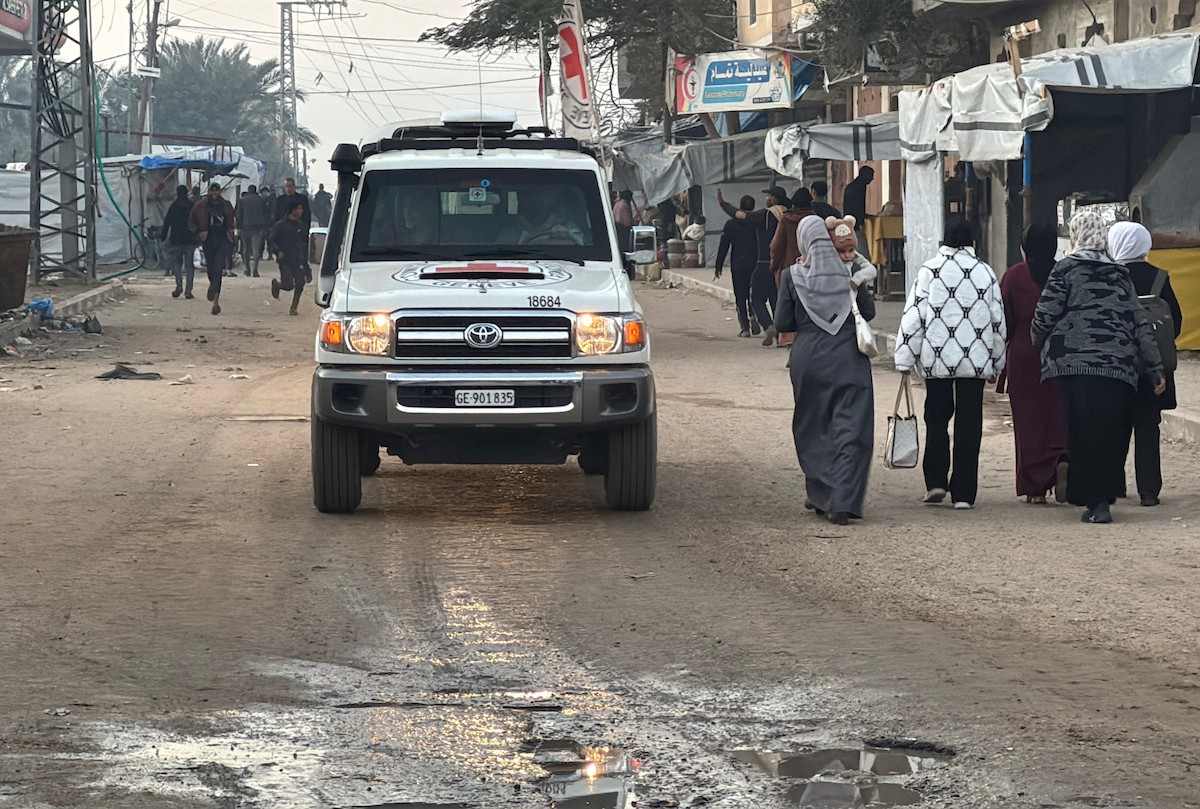 7 يناير/كانون الثاني 2026، نُقل أسرى فلسطينيون أفرج عنهم الجيش الإسرائيلي بواسطة مركبات تابعة للصليب الأحمر إلى مستشفى شهداء الأقصى لإجراء فحوصات طبية في دير البلح، وسط قطاع غزة. (صورة: أحمد إبراهيم)