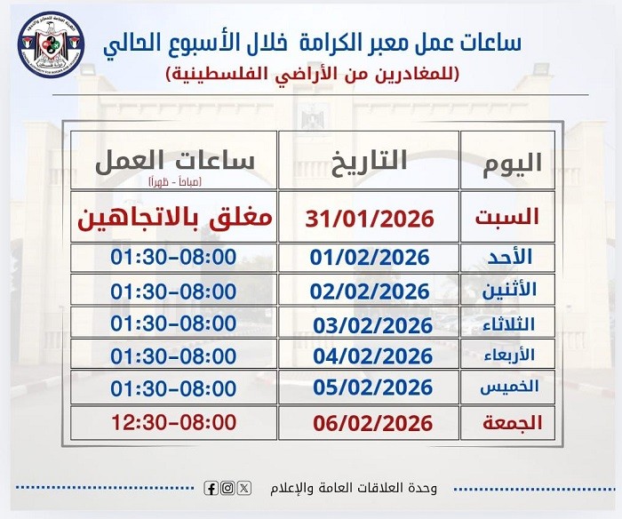 ساعات عمل معبر الكرامة خلال الأسبوع المقبل.jpg