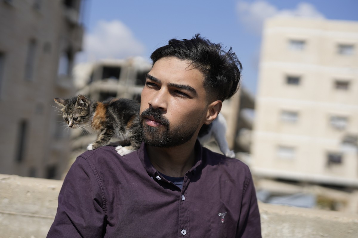 الشاب الفلسطيني عبد الله الزميلي (21 عامًا) يعتني بعدد من القطط الضالة والمصابة، موفّرًا لها الغذاء والعلاج في مأوى أنشأه على سطح منزله بمدينة غزة، في 29 مارس/آذار 2026. (تصوير: محمد عمر)