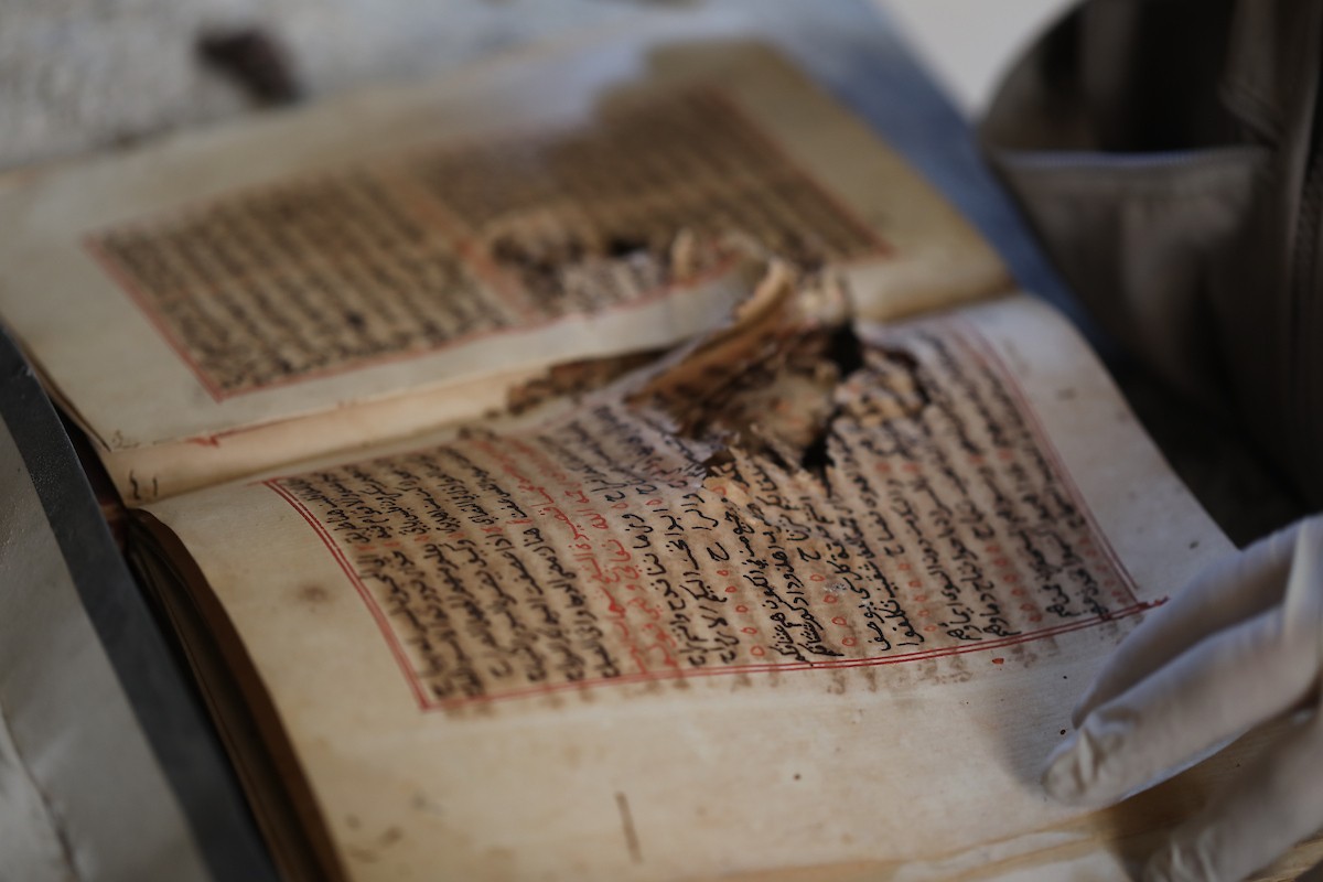 عملية الإنقاذ والترميم الأولية للكتب والمخطوطات بمكتبة الجامع العمري الكبير في البلدة القديمة بمدينة غزة في 2 مارس/آذار 2026.صورة: عمر أشتوي