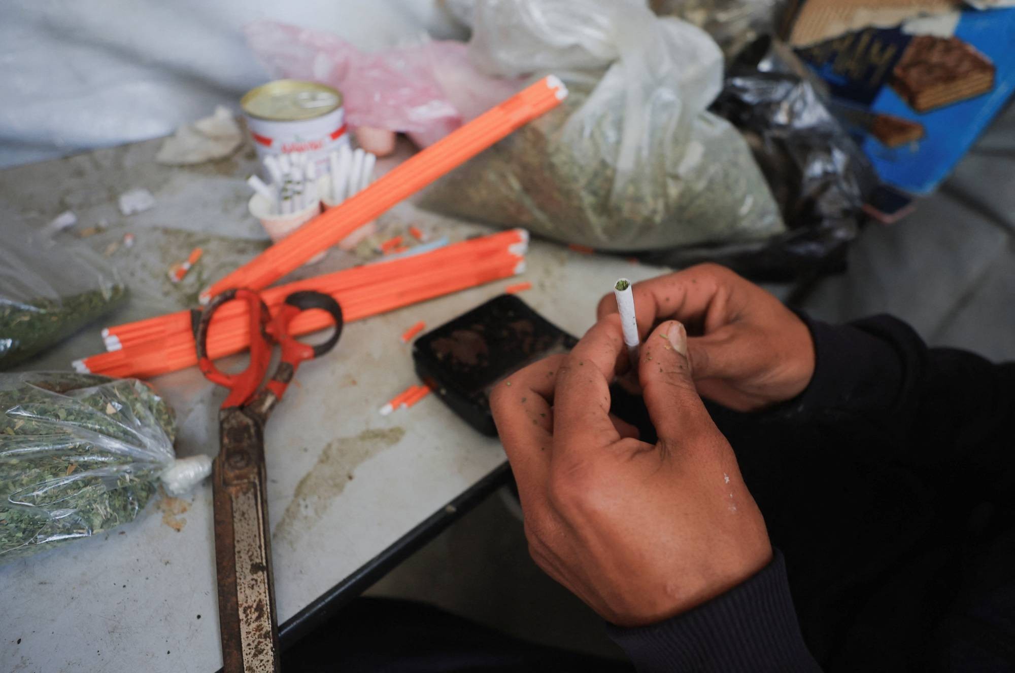 رجل فلسطيني يلفّ السجائر باستخدام أوراق الملوخية المجففة (رويترز).jpeg