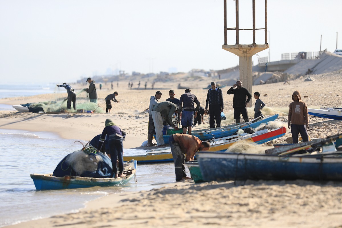 يعمل صيادون فلسطينيون على طول شاطئ مدينة غزة، في 2 مايو/أيار 2026. وتواجه مهنة الصيد، التي تُعتبر مهنة تقليدية تتوارثها الأجيال، تحديات مستمرة،تصوير: حسن الجديدي