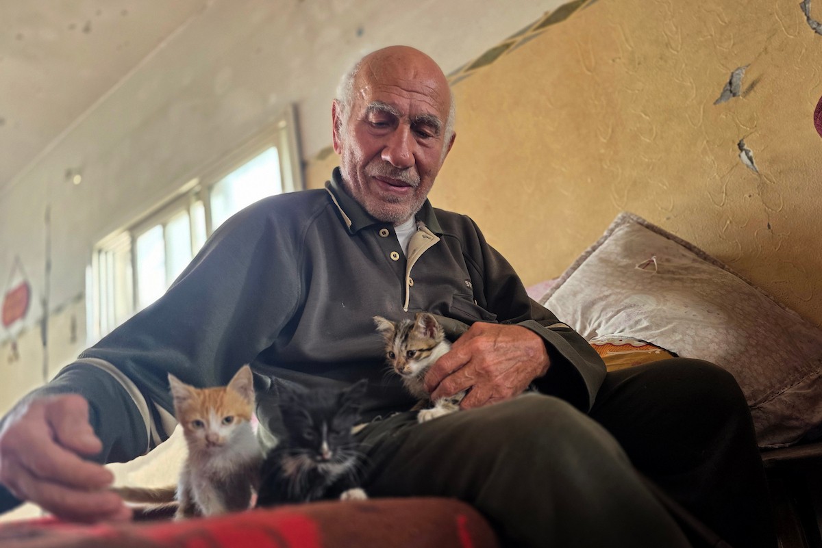 الفلسطيني المسن عبد الرحمن أبو شمالة، أحد شهود نكبة عام 1948، يجلس داخل منزله المتضرر بشدة في خان يونس جنوب قطاع غزة، في 14 أيار/مايو 2026، مستعيداً ذكرى نزوحه من قرية بيت دراس قبل 78 عاماً. تصوير: طارق محمد.
