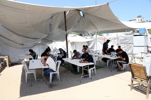 طلاب فلسطينيون نازحون يؤدون امتحان الثانوية العامة الإلكتروني داخل مخيم مزود بخدمة الإنترنت في مدينة غزة. صورة: بلال أسامة.