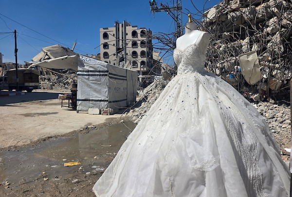 زبائن يتصفحون فساتين وبدلات زفاف داخل متجر في خان يونس، جنوبي قطاع غزة، في 1 يونيو/حزيران 2026، حيث يواصل الفلسطينيون التمسك بطقوس الزواج رغم الحرب والدمار والظروف المعيشية القاسية. تصوير: طارق محمد