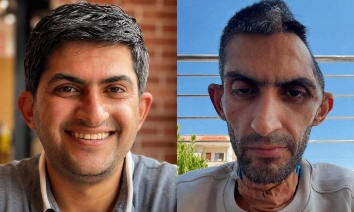 الصحافي مجاهد بني مفلح قبل وبعد السجن ورحلة العلاج. مصدر الصورة .. وسائل التواصل الاجتماعي.jpg