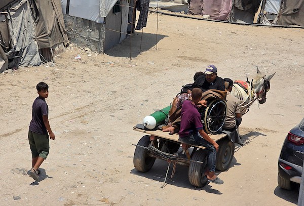 فتحي حجي، 77 عاماً، مريض كلى ويستخدم أسطوانة أكسجين، يجلس على كرسي متحرك أثناء نقله على عربة تجرها الحيوانات من منطقة بئر 19 في المواصي بمدينة خان يونس، جنوب قطاع غزة، في 22 يوليو/تموز 2026.  تصوير: طارق محمد
