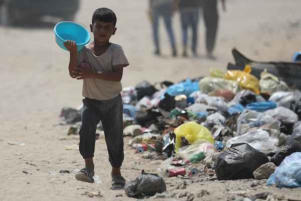 نازحون يحملون أواني الطعام والحاويات أثناء انتظارهم الحصول على وجبات من مطبخ خيري في شمال قطاع غزة، في 29 أغسطس/آب 2026. (تصوير: حسن الجدي)