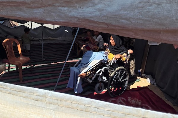 المسنة ليلى أبو عيدة تجلس داخل خيمتها في منطقة المواصي بخان يونس، جنوب قطاع غزة، في 13 سبتمبر/أيلول 2026.(صورة: طارق محمد)