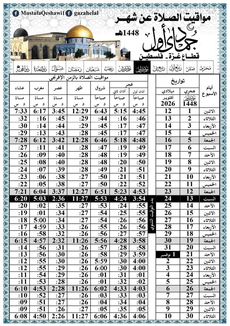 مواقيت الصلاة عن شهر جمادى الأولى 1448 هـ 2026م حسب التوقيت المحلي لمدينة غزة بفلسطين المحتلة ...jpg