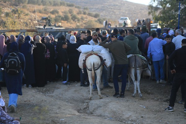 مزارعون يحاولون عبور بوابة حديدية نصبتها قوات الاحتلال الإسرائيلي لمنع وصولهم إلى بساتين الزيتون في قرية سالم، شرق نابلس، 17 أكتوبر/تشرين الأول 2026. (تصوير: محمد ناصر)